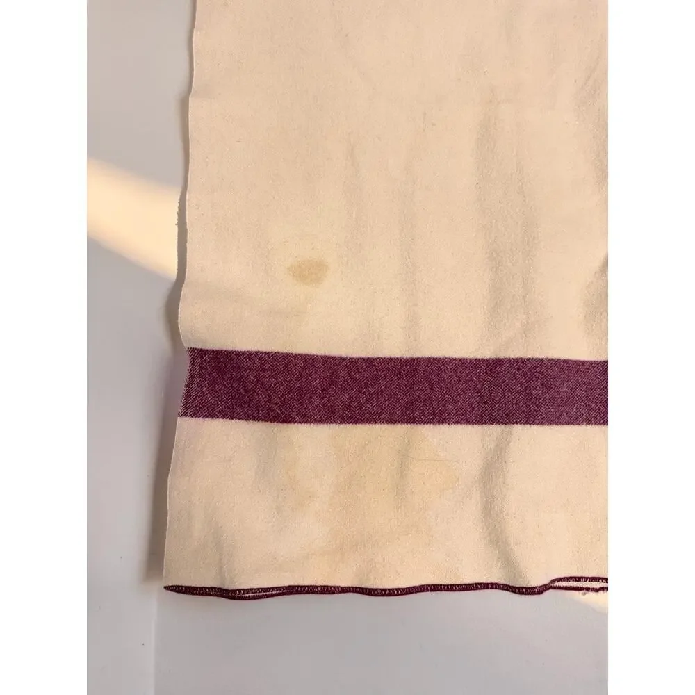 Vintage Wool Medical Army Blanket Cream Maroon 62”x84” 